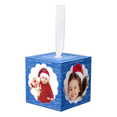 Blue Stripes Add Your Own Custom Photo Christmas Cube Ornament