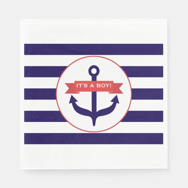 Blue Stripes + Anchor Boy Baby Shower Napkins (Front)