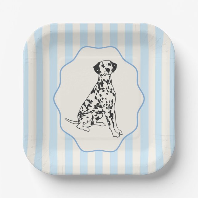 Blue Stripes and Black Dalmatian Dog Paper Plates (Front)