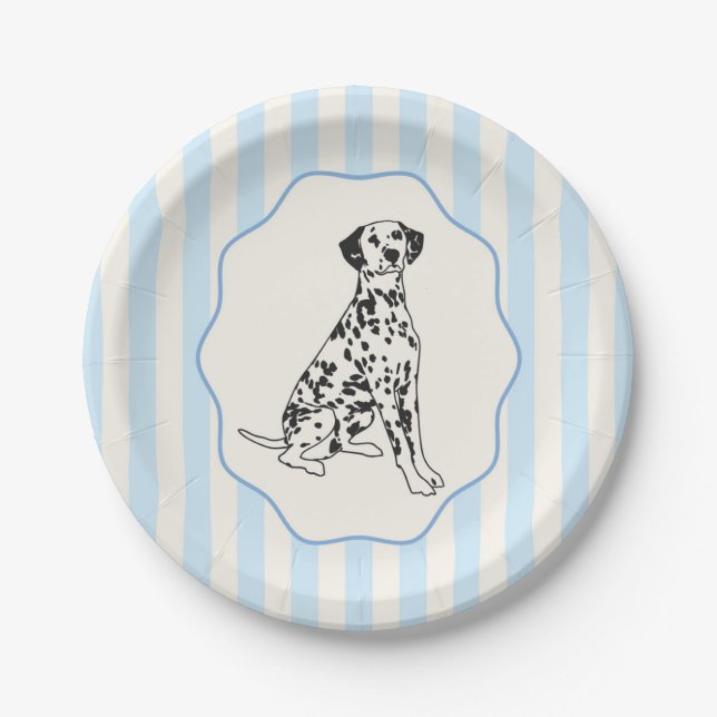 Blue Stripes and Black Dalmatian Dog Paper Plates (Front)