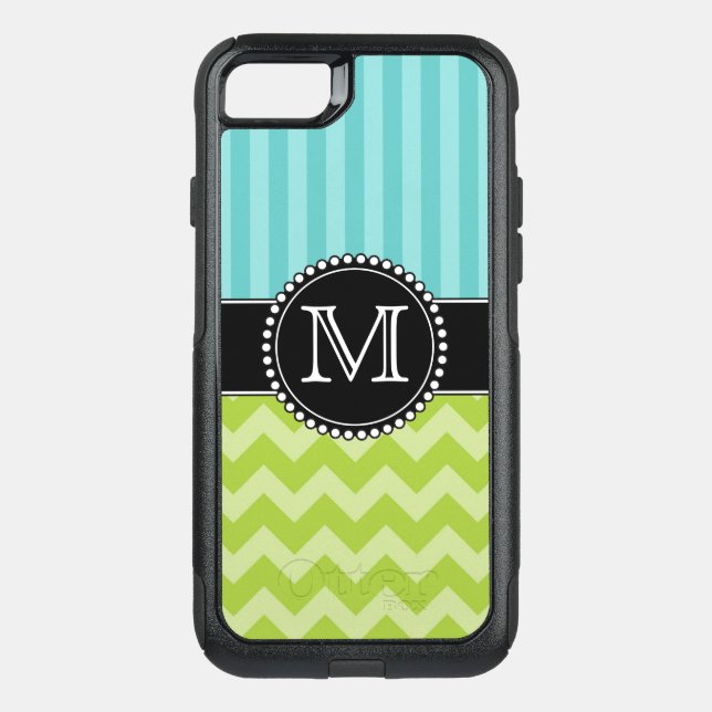 Blue Stripes and Green Chevron, Tough, Monogrammed Otterbox iPhone Case (Back)