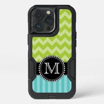 Blue Stripes And Green Chevron  Tough  Monogrammed Iphone 13 Pro Case by CoolestPhoneCases at Zazzle