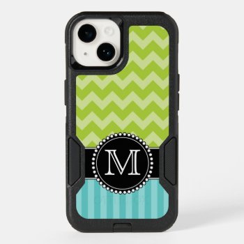 Blue Stripes And Green Chevron  Tough  Monogrammed Otterbox Iphone 14 Case by CoolestPhoneCases at Zazzle