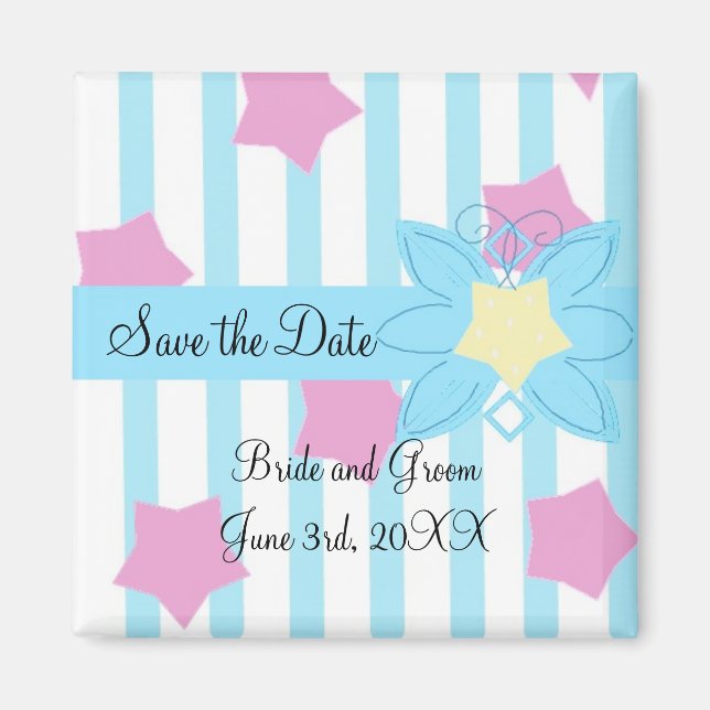 Blue Stripes and Pink Stars Save the Date Magnet (Front)