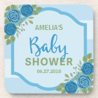 Blue Stripes and Roses Boy Baby Shower Beverage Coaster