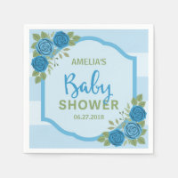Blue Stripes and Roses Boy Baby Shower Paper Napkin