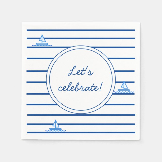 Blue Stripes and Sail Boat Children Party Paper Napkins (Front)