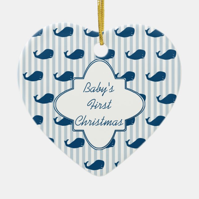 Blue Stripes and Whales Baby's First Christmas Cer Ceramic Ornament (Front)