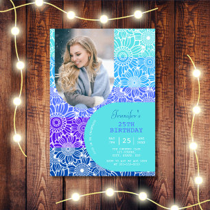 Blue Stripes Arch Photo Floral Birthday Invitation