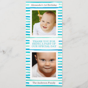 Blue Stripes Baby Boy 1st Birthday Photo Thank You Invitation