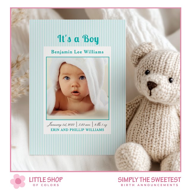 Blue Stripes Baby Boy Photo Birth Announcement (Creator Uploaded)