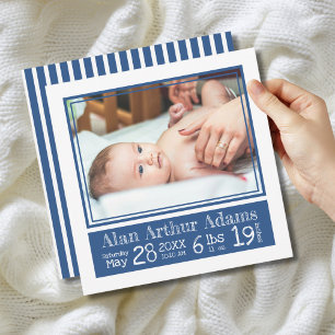 Blue Stripes Baby Photo Birth Stats Announcement