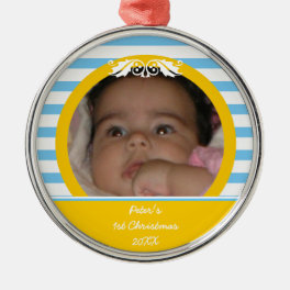 Blue stripes Baby’s 1st Christmas photo Ornament