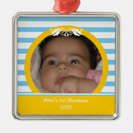 Blue stripes Baby’s 1st Christmas photo Ornament
