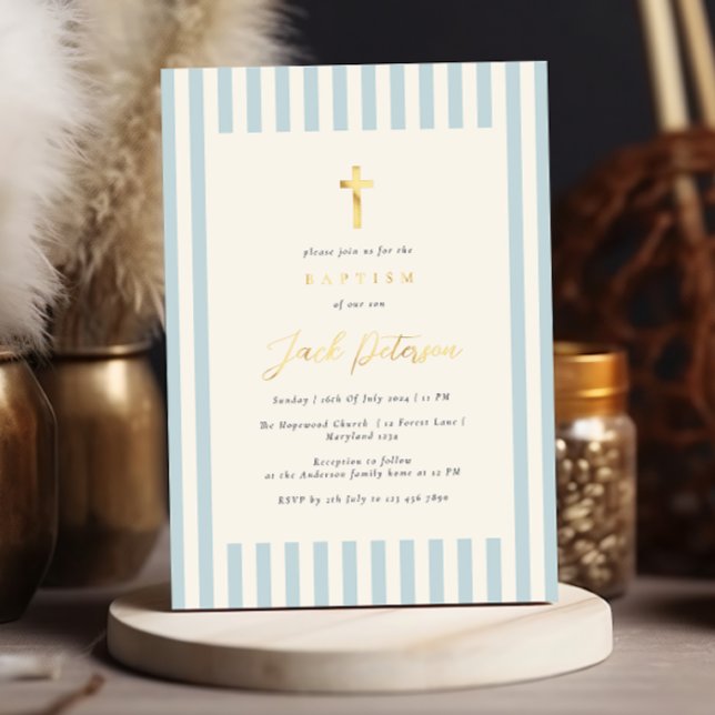 Blue Stripes Baptism for Boy Elegant Foil Invitation (Creator Uploaded)