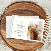 Blue Stripes Baptism Photo Flat Thank You Card