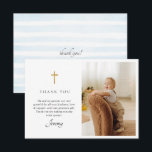 Blue Stripes Baptism Photo Flat Thank You Card<br><div class="desc">Baptism thank you card that features blue stripes and a simple blue cross on an ivory background.</div>