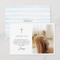Blue Stripes Baptism Photo Flat Thank You Card