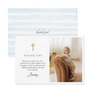 Blue Stripes Baptism Photo Flat Thank You Card