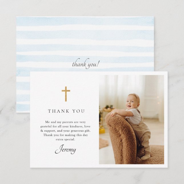 Blue Stripes Baptism Photo Flat Thank You Card (Front/Back)