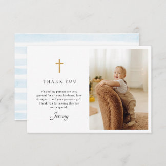 Blue Stripes Baptism Photo Flat Thank You Card