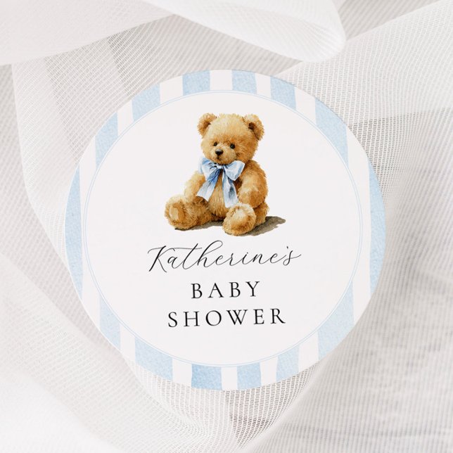Blue Stripes Bear Baby Shower Classic Round Sticker (Creator Uploaded)