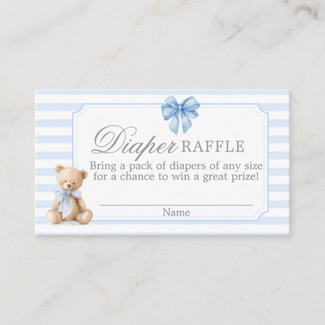Blue Stripes Bear Baby shower Diaper Raffle Card (Front)