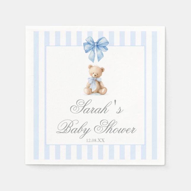 Blue Stripes Bear Baby Shower Napkins (Front)