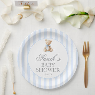 Blue Stripes Bear Baby Shower Paper Plates