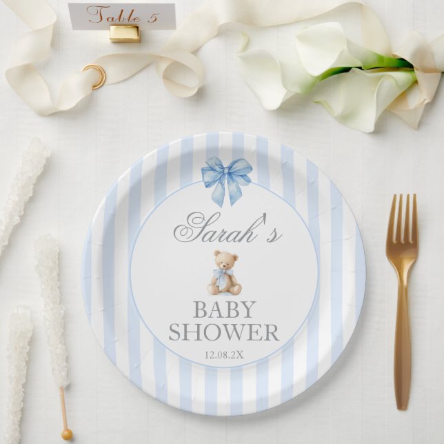 Blue Stripes Bear Baby Shower Paper Plates (Wedding)