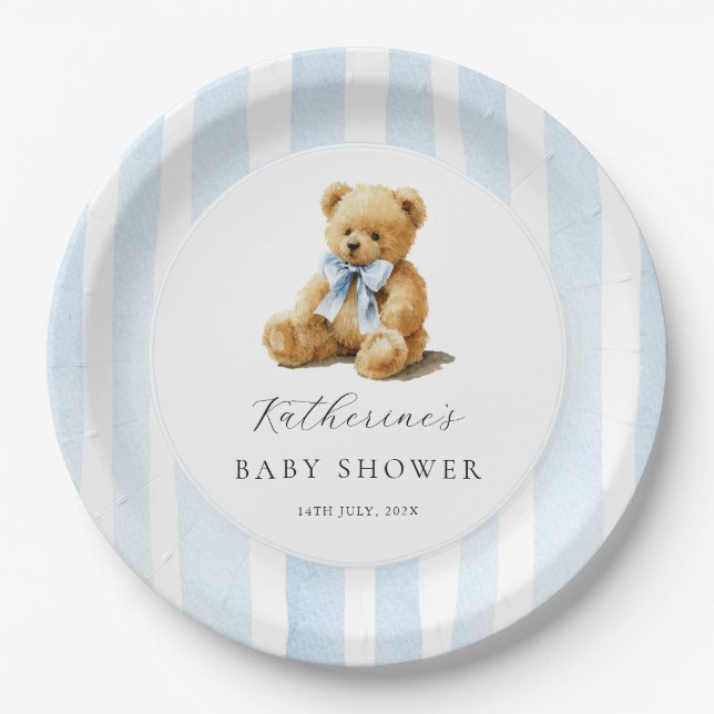 Blue Stripes Bear Baby Shower  Paper Plates (Front)