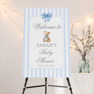 Blue Stripes Bear Baby Shower Welcome Sign