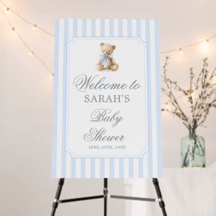 Blue Stripes Bear Baby Shower Welcome Sign