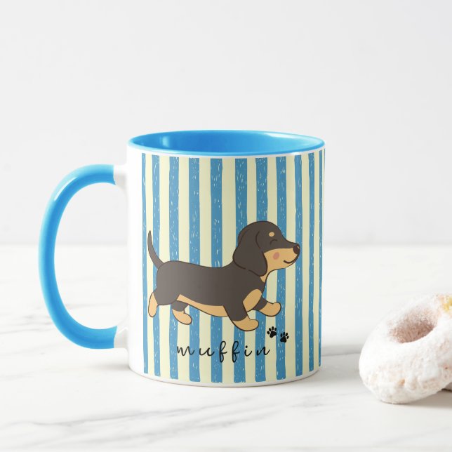Blue Stripes Black Tan Dachshund Name  Mug (With Donut)