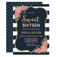 Blue Stripes, Blush Pink Roses Sweet 16 Invitation