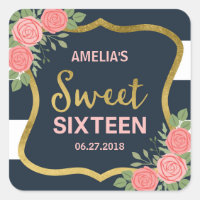 Blue Stripes, Blush Pink Roses Sweet 16 Invitation Square Sticker