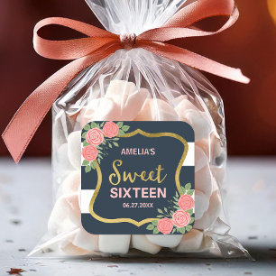 Blue Stripes, Blush Pink Roses Sweet 16 Square Sticker