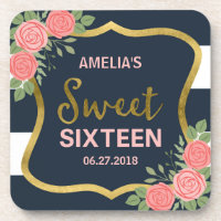 Blue Stripes, Blush Pink Roses Sweet Sixteen Coaster