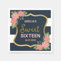 Blue Stripes, Blush Pink Roses Sweet Sixteen Napkin