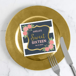 Blue Stripes, Blush Pink Roses Sweet Sixteen Napkins