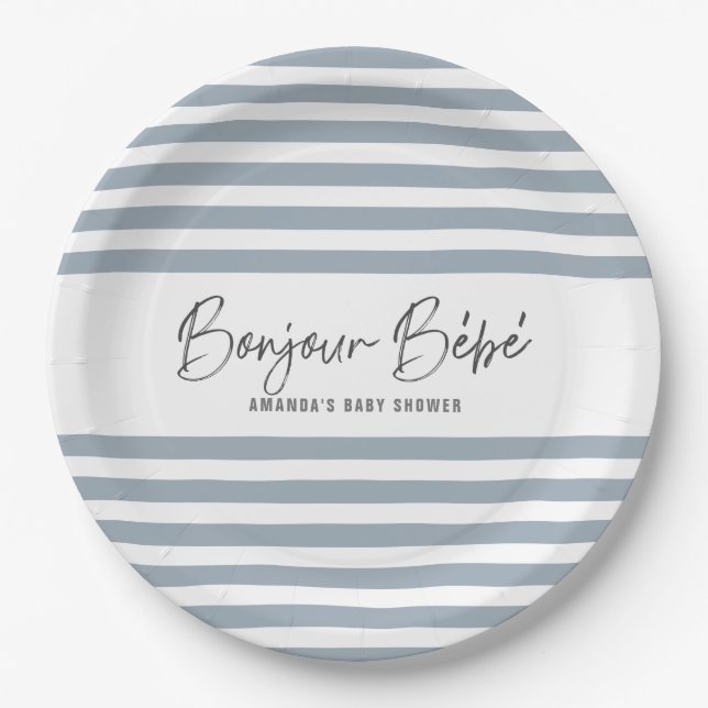 Blue Stripes Bonjour Bebe Paper Plates (Front)