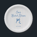Blue Stripes Bow Bridal Shower Paper Plates<br><div class="desc">Quirky and whimsical bridal shower paper plates featuring a beautiful hand-drawn bow in a fun and playful style with a soft blue vertically striped background. The casual,  handwritten font perfectly captures the excitement and joy of the occasion.</div>