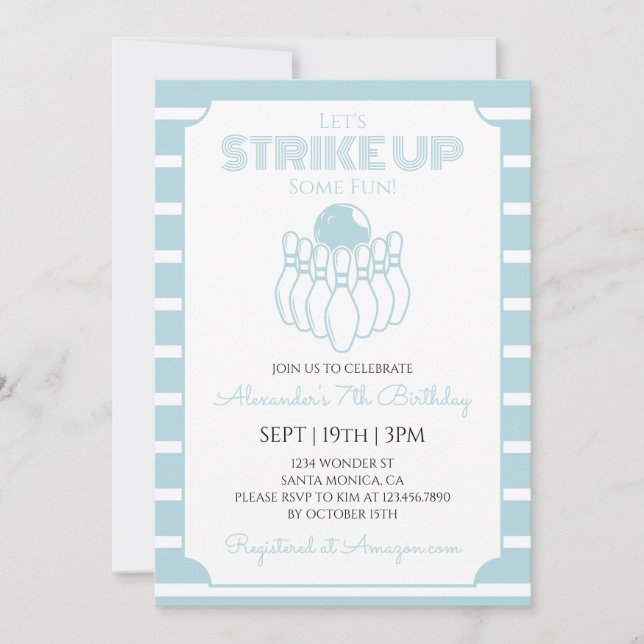 Blue Stripes Bowling Birthday Party Invitation (Front)