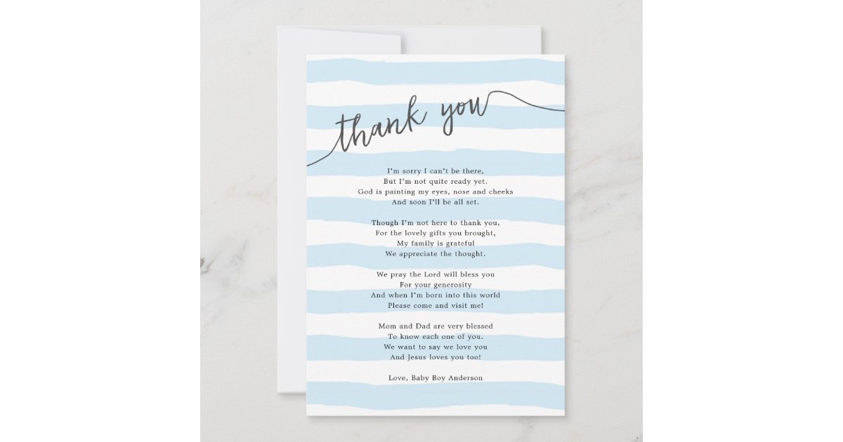 Blue Stripes Boy Baby Shower Poem Thank You Card Zazzle Com