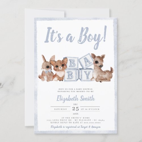 Blue Stripes Boy Woodland Animals Baby Shower Invitation