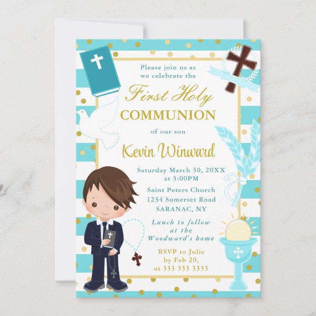 Blue Stripes Brown Haired Boy First Holy Communion Invitation (Front)