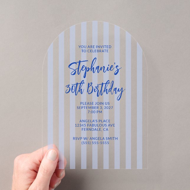 Blue Stripes Brush Script 30th Birthday Acrylic Invitations (Insitu (Handheld))