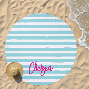 Blue Stripes Calligraphy Script Personalized  Beach Towel