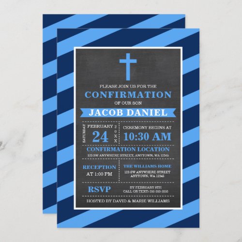 Blue Stripes Chalkboard Boy Confirmation Invitation