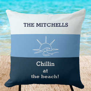 Blue Stripes Chillin Family Name Beach House Throw Pillow